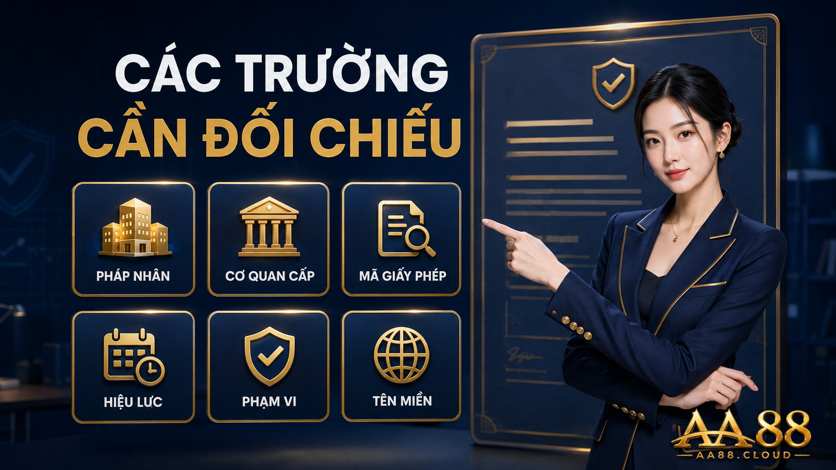 Các trường quan trọng cần đối chiếu gồm pháp nhân, cơ quan cấp, mã giấy phép, hiệu lực, phạm vi và tên miền