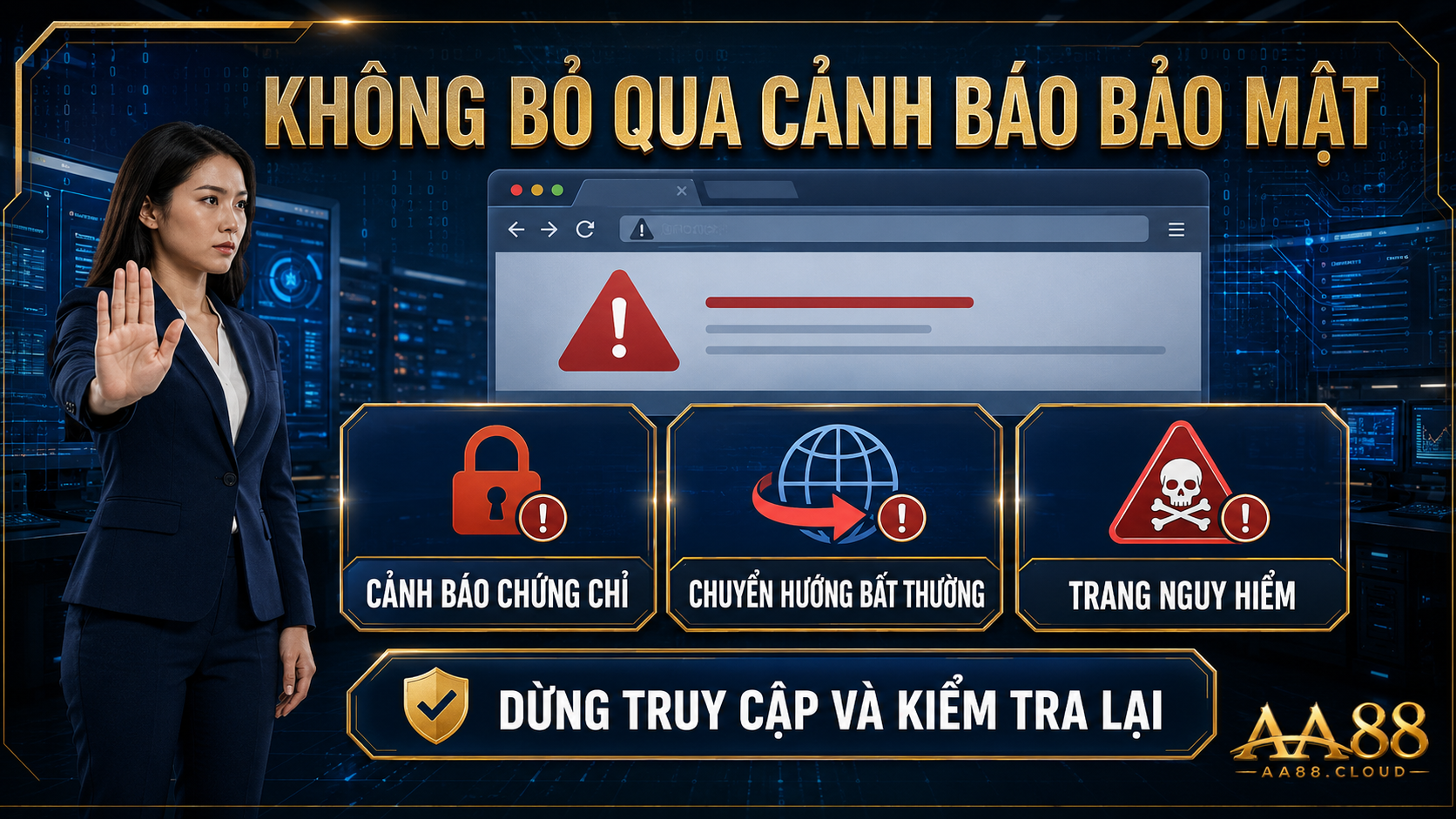 Không bỏ qua cảnh báo chứng chỉ, chuyển hướng hoặc trang nguy hiểm chỉ để tiếp tục truy cập