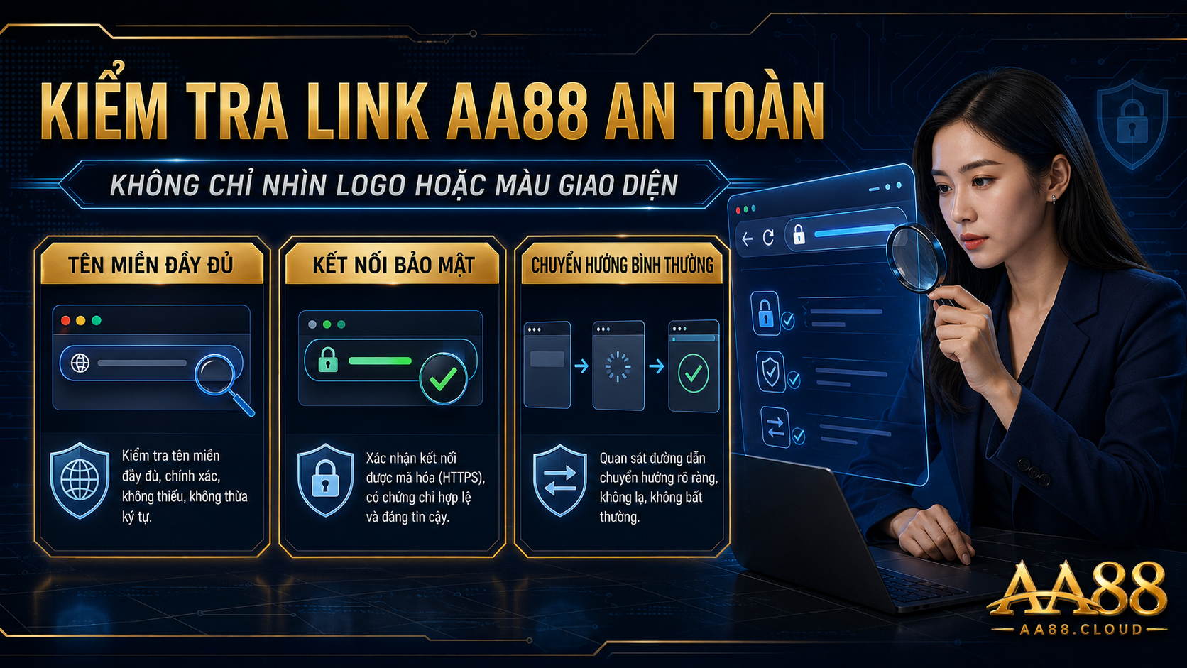 Kiểm tra link AA88 cần dựa trên tên miền đầy đủ, kết nối bảo mật và hành vi chuyển hướng thay vì chỉ nhìn logo hoặc màu giao diện