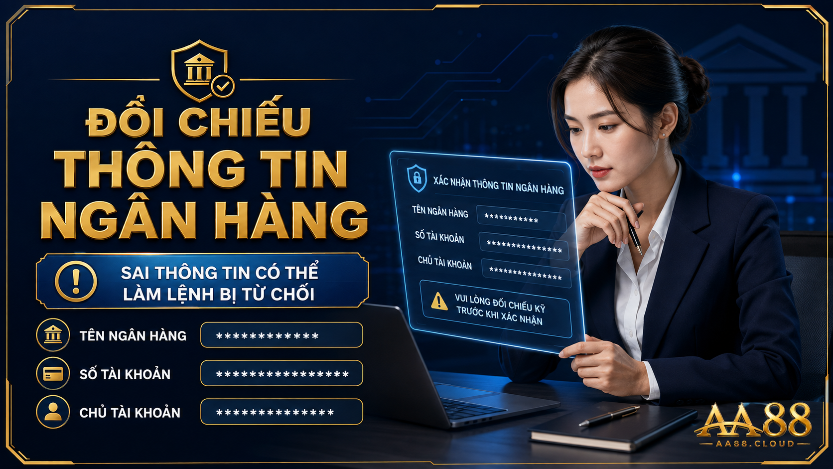 Thông tin ngân hàng phải được đọc lại trước khi xác nhận vì sai số tài khoản hoặc sai ngân hàng có thể khiến lệnh bị từ chối