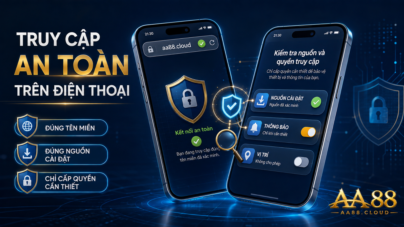 Trên điện thoại, hãy kiểm tra tên miền hoặc nguồn cài đặt trước khi đăng nhập và chỉ cấp quyền thật sự cần thiết.
